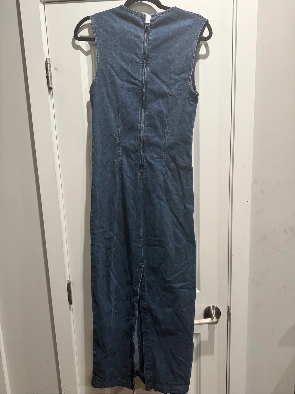 Reformation Sleeveless Denim Midi Dress in Blue with Black Belt - Picture 7 of 8